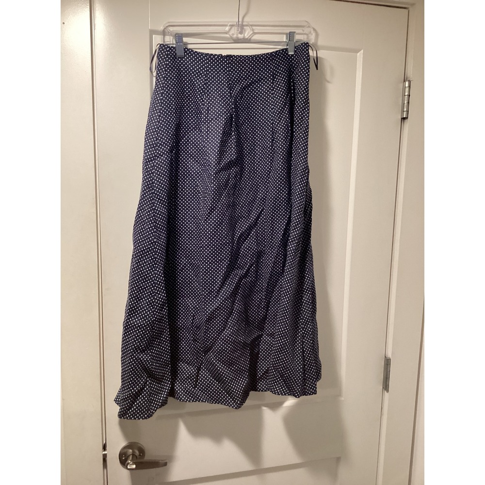 Few Moda o.p.t Navy Blue Polka Dot 100% Linen Midi A-Line Skirt Womens Size 6